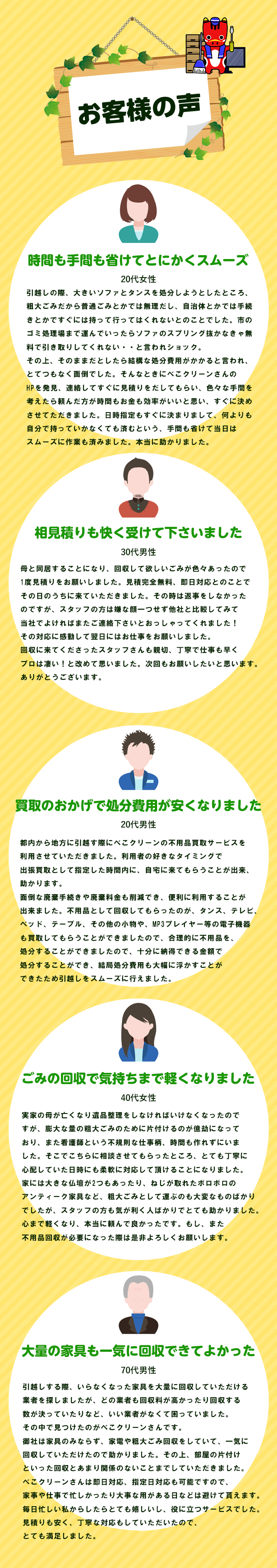 お客様の声。時間も手間も省けてとにかくスムーズ。相見積もりも快く受けてくださいました。買取のおかげで処分費用が安くなりました。ゴミの回収で気持ちまで軽くなりました。大量の家具も一気に回収できて良かった