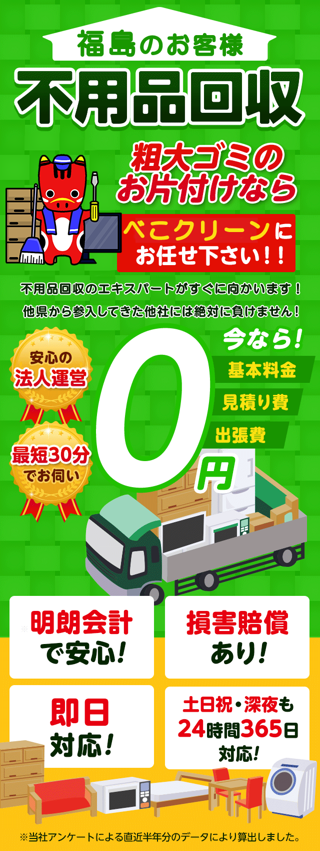 福島のお客様は不用品回収べこクリーン福島にお任せ下さい！粗大ごみのお片付けもお任せ下さい。福島不用品回収のエキスパートたちが最短30分でお伺いいたします！他の県から参入してきた他社様には絶対に負けません！安心の法人運営で今なら基本料金・見積もり費・出張費が無料！！明朗会計で安心・損害賠償・即日対応・土日祝・深夜・24時間365日対応