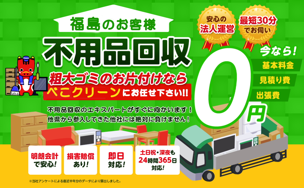 福島のお客様は不用品回収べこクリーン福島にお任せ下さい！粗大ごみのお片付けもお任せ下さい。福島不用品回収のエキスパートたちが最短30分でお伺いいたします！他の県から参入してきた他社様には絶対に負けません！安心の法人運営で今なら基本料金・見積もり費・出張費が無料！！明朗会計で安心・損害賠償・即日対応・土日祝・深夜・24時間365日対応